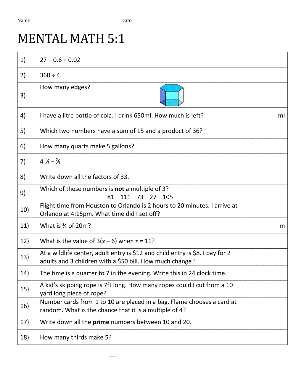 Mental Maths Worksheets 5th