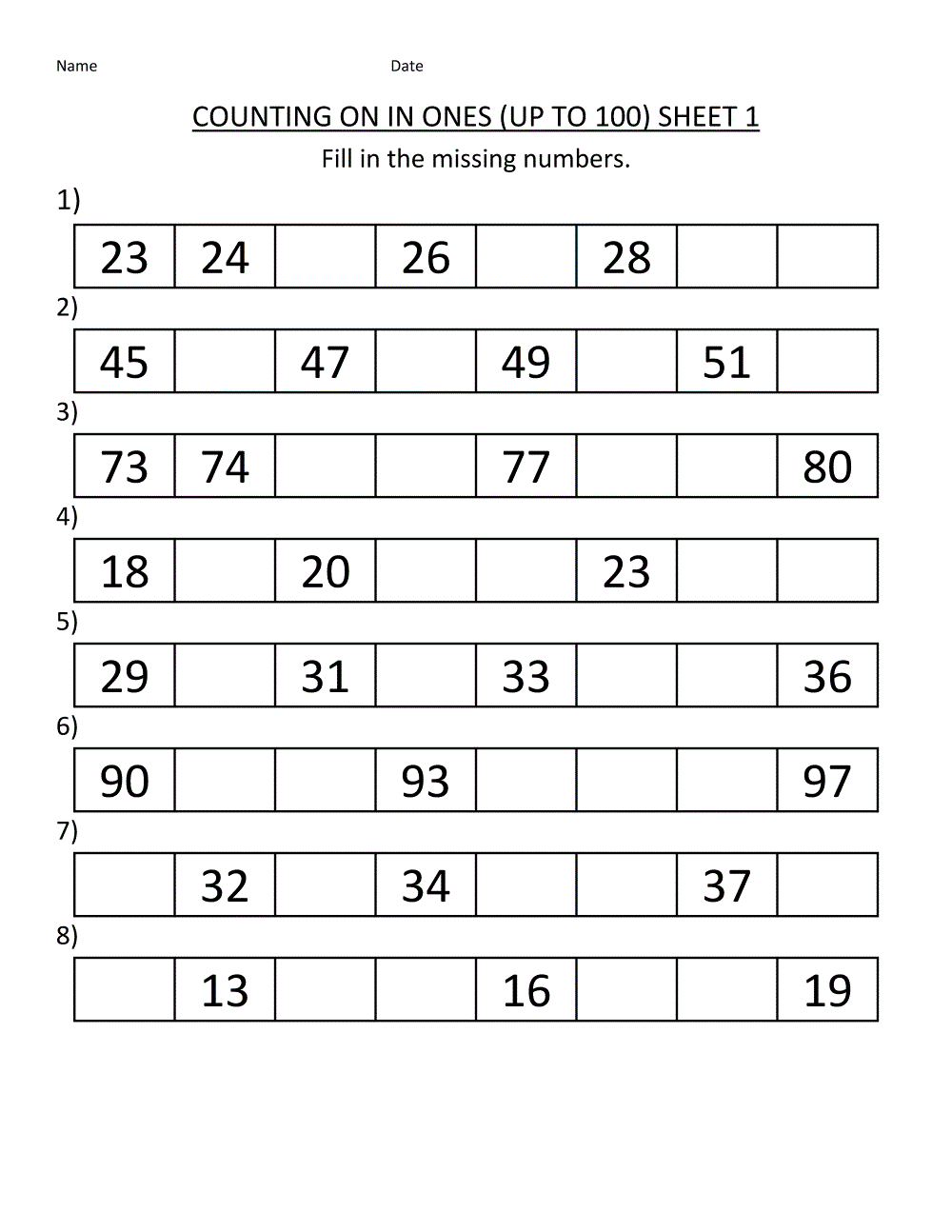 Free Math Worksheets for Grade 1 Number