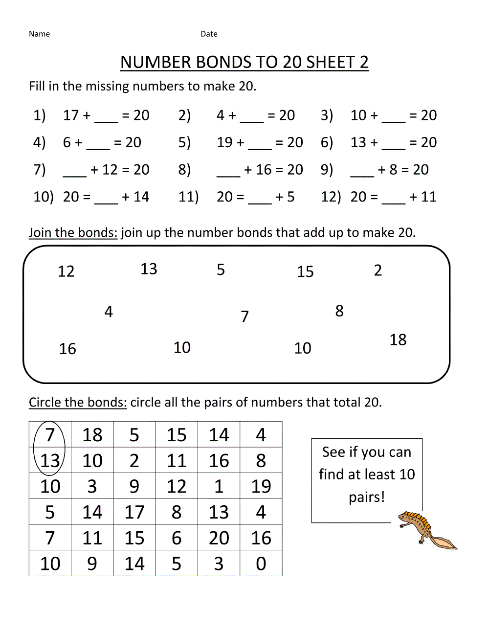 Maths Number Worksheets Bond