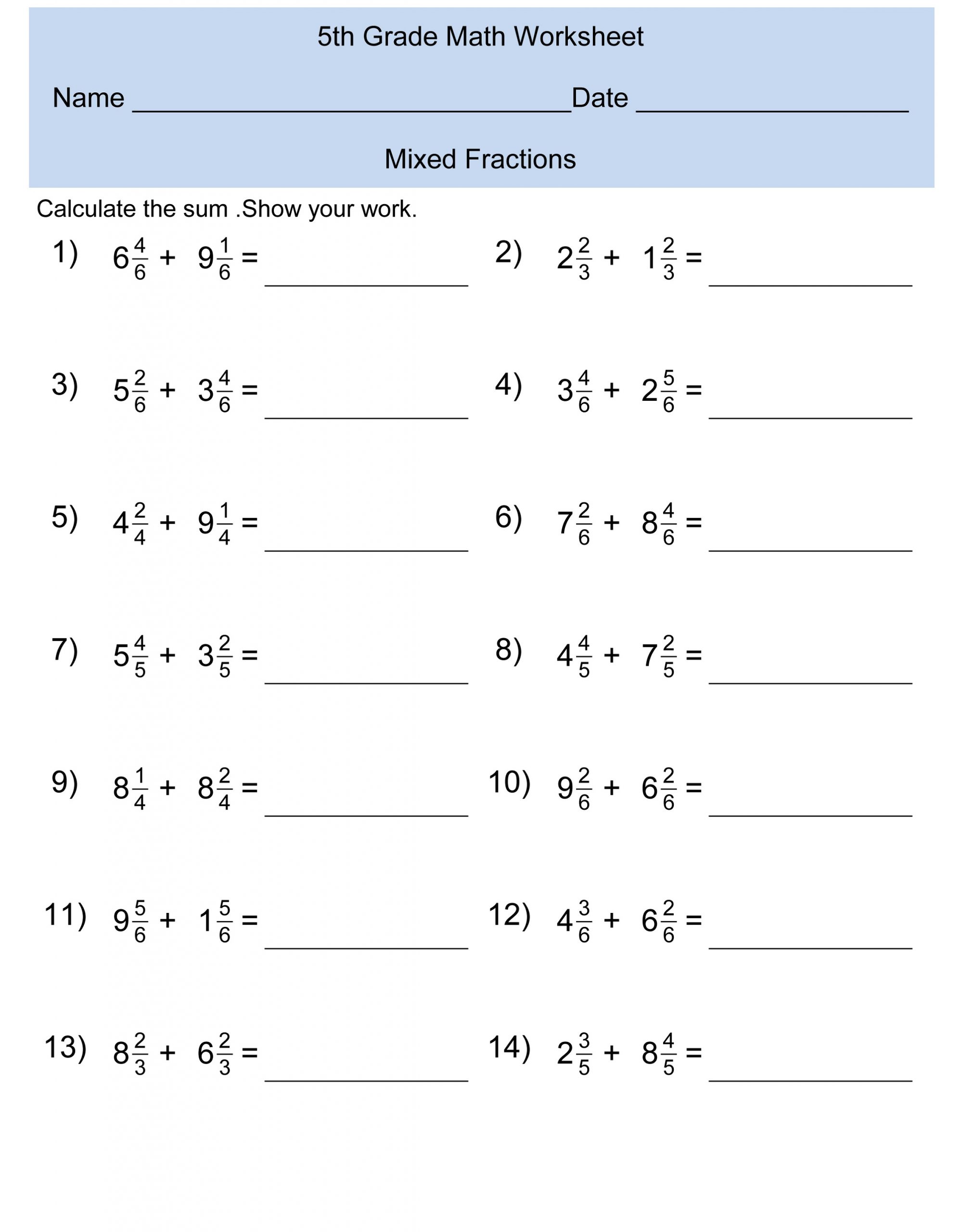 5th Grade Math Worksheets Fractions Printable Math Worksheets Printable Adding Fractions 