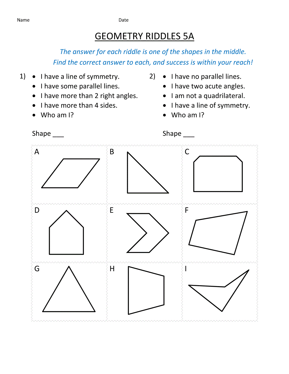 Fifth Grade Math Worksheets Shape