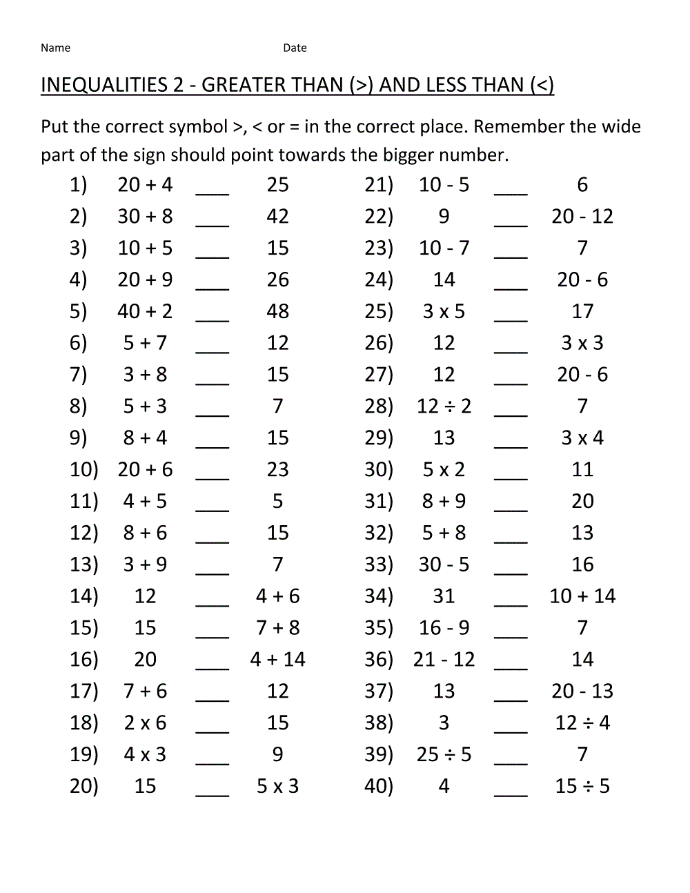 Simple Math Problems Worksheets Comparing