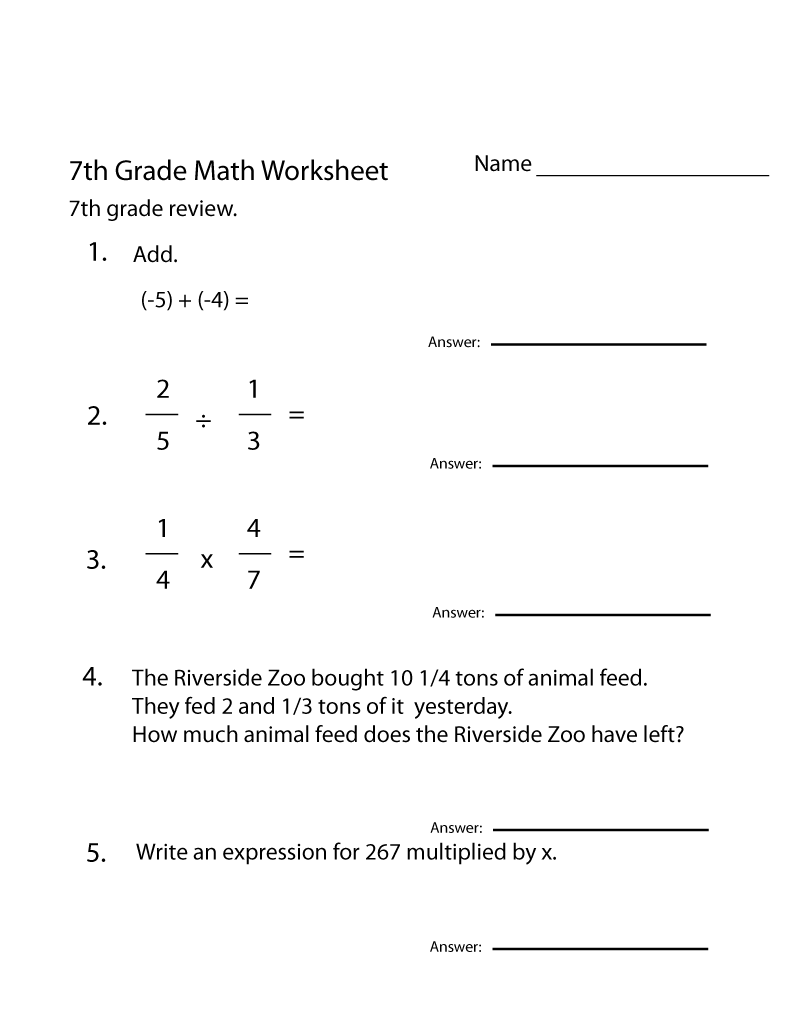 Seventh Grade Math Worksheets Algebra