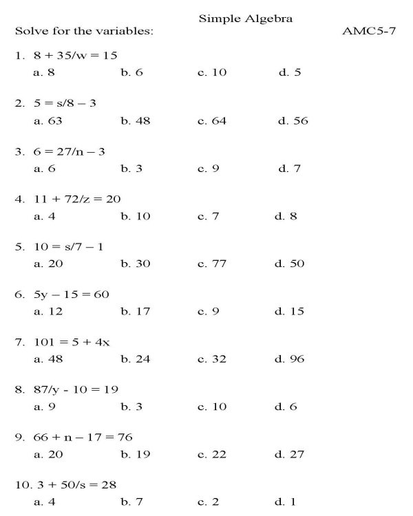 Seventh Grade Math Worksheets Equation