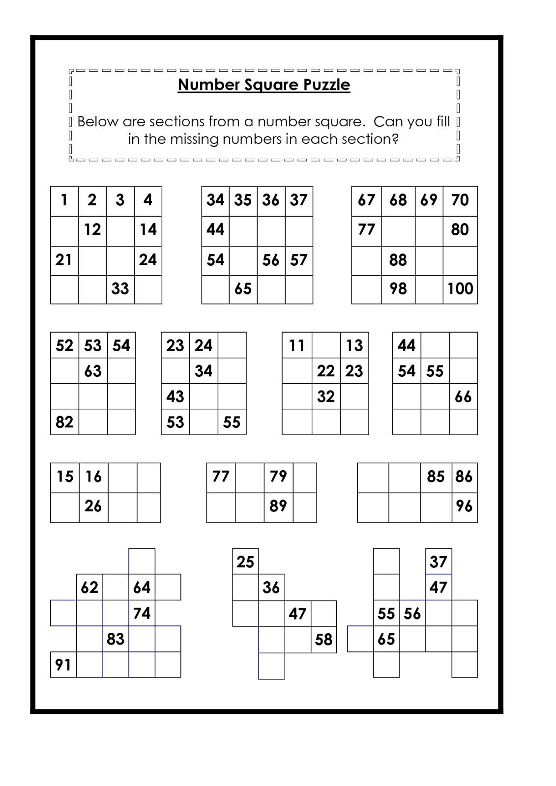 100 chart worksheets puzzle