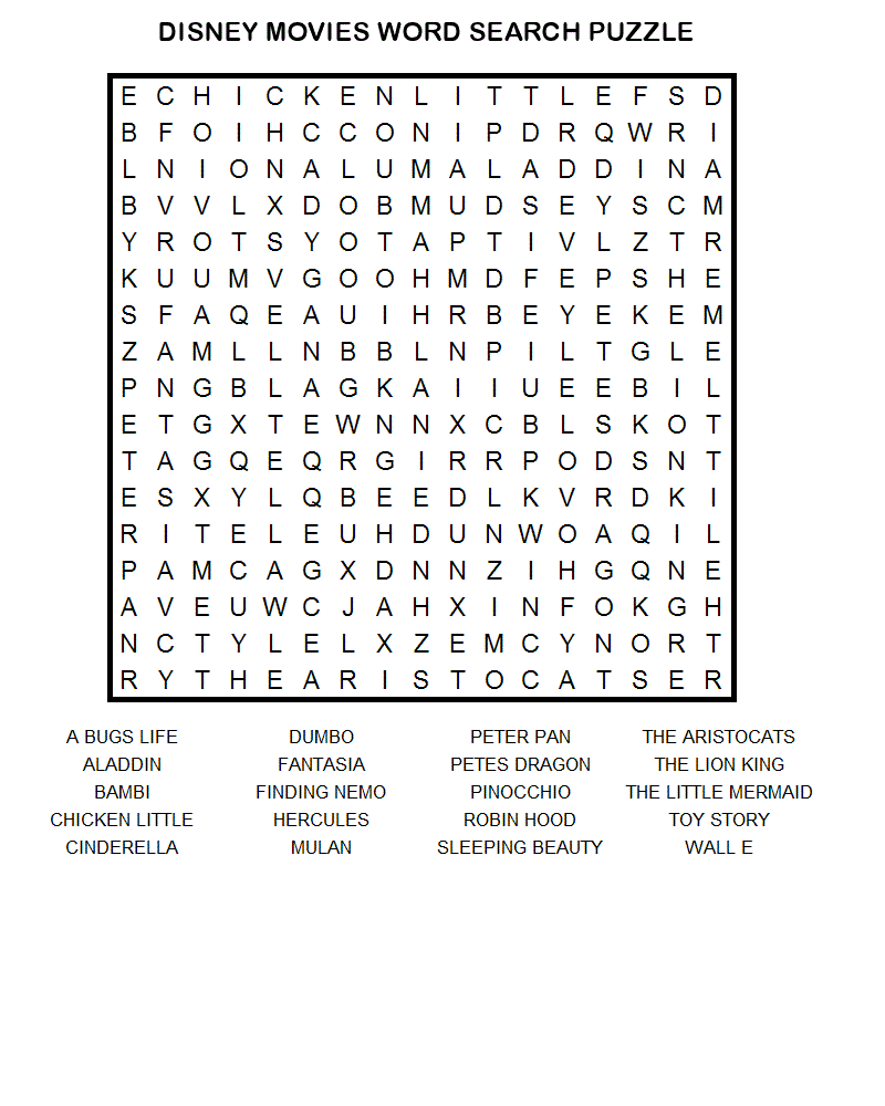 disney word search puzzles movies