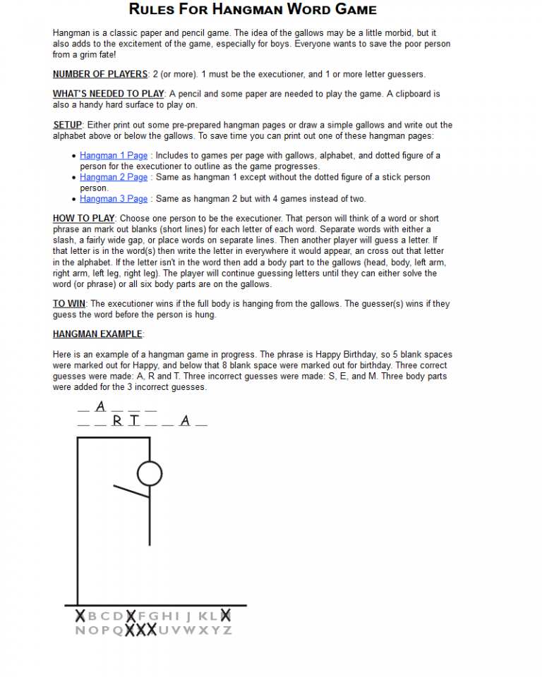 Printable Hangman Game Rules Templates Learning Printable Printable