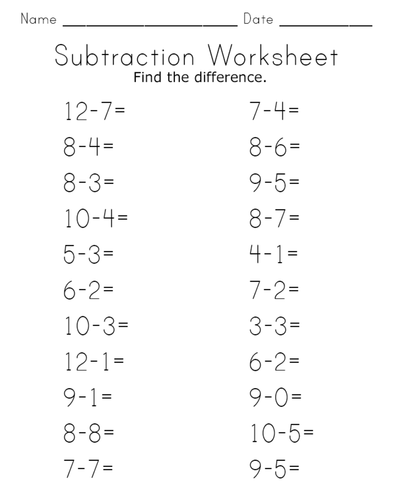 subtraction free basic math worksheets