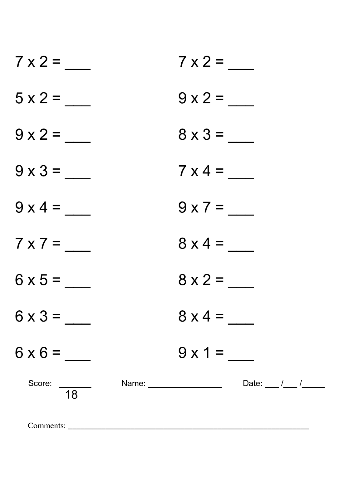 easy free times table worksheets