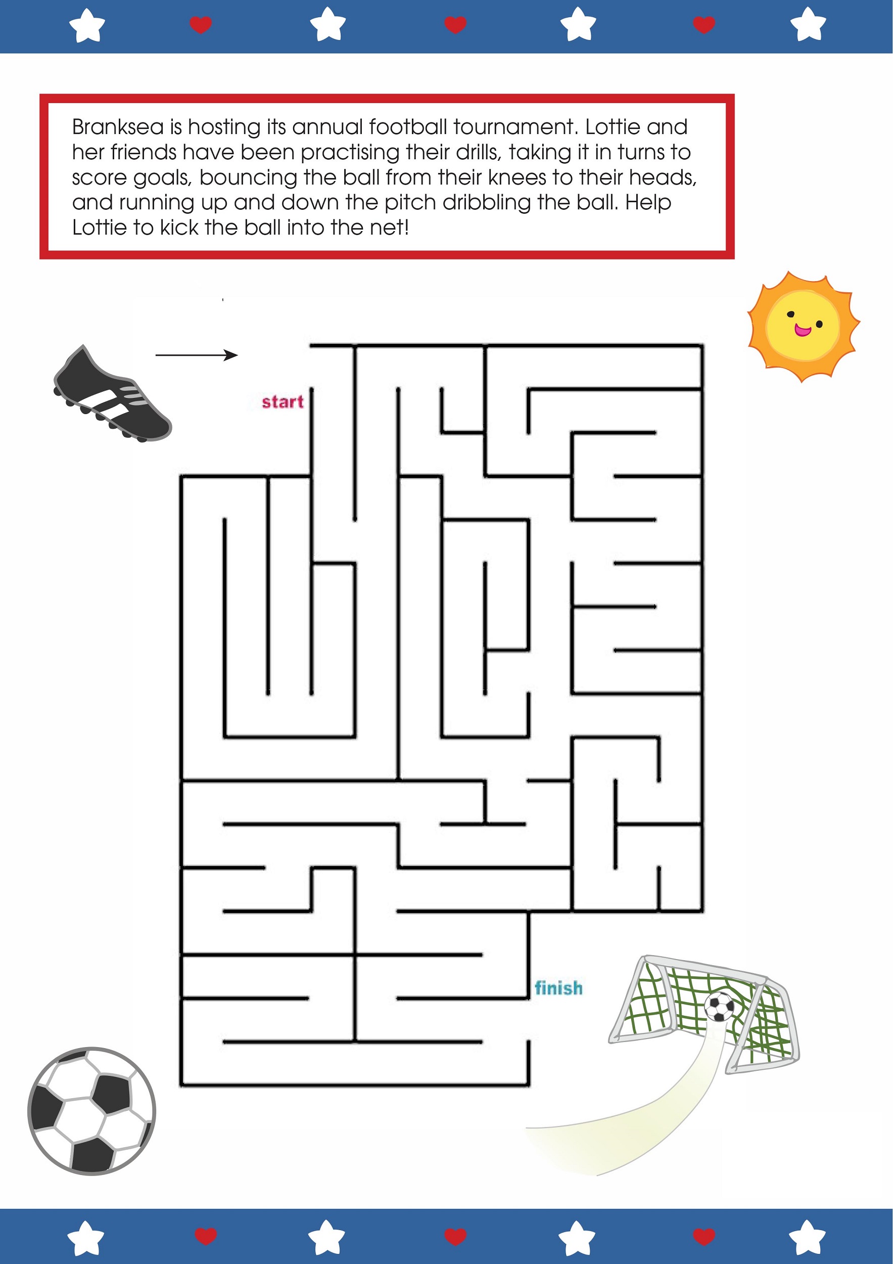 maze soccer worksheets for kids